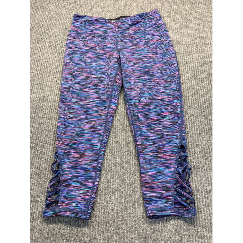 Ideology Womens Space Dye Cropped Leggings Purple Blue Strappy Lattice Size M